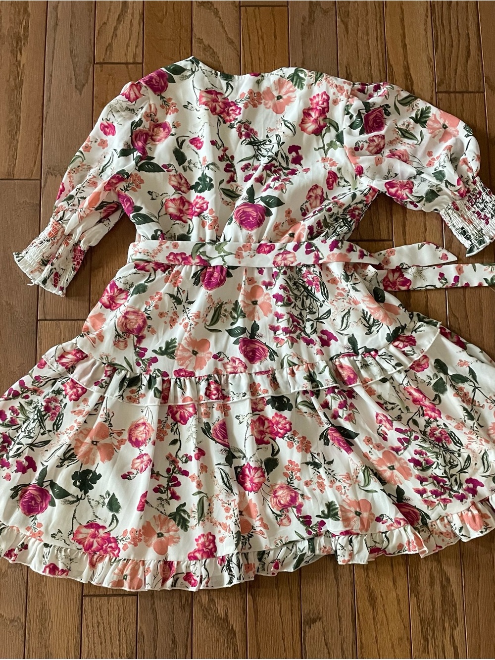 SHEIN White Floral Tiered Ruffle Dress with Wrap Bodice